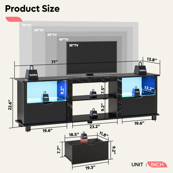 70" Gaming TV Stand with LED Lights, Drawers & Glass Shelves