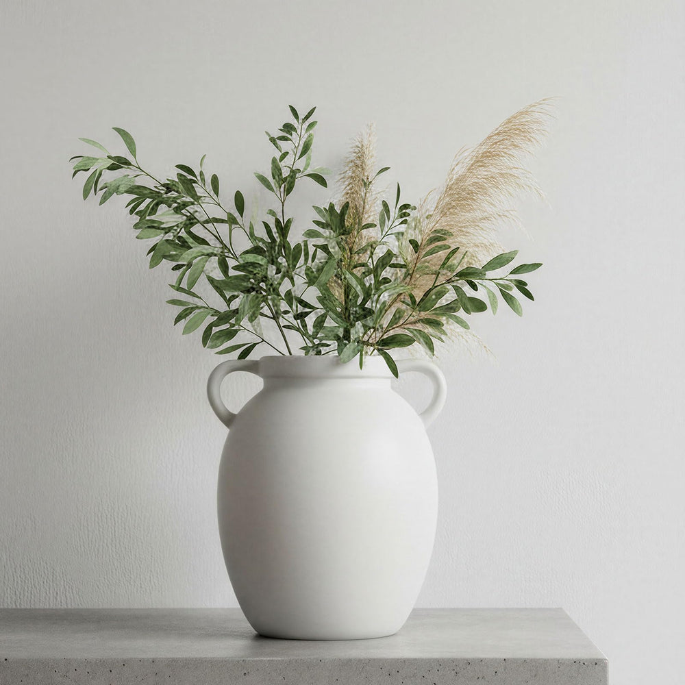 Matte White Ceramic Pitcher Vase with Handles