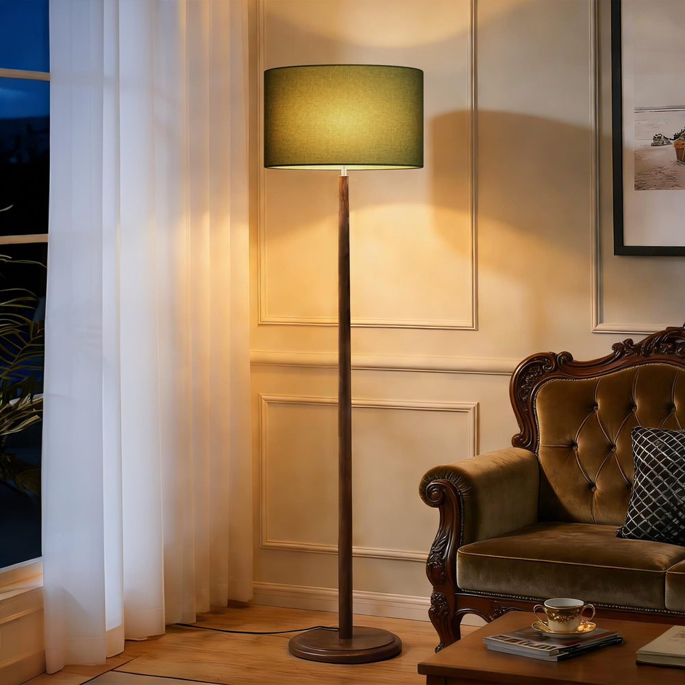 61" Rustic Walnut Wood Floor Lamp with Linen Shade