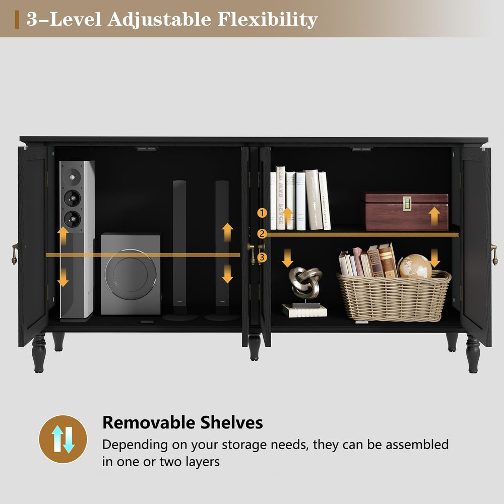 58" Retro Sideboard Buffet Cabinet with 4 Doors & Adjustable Shelves
