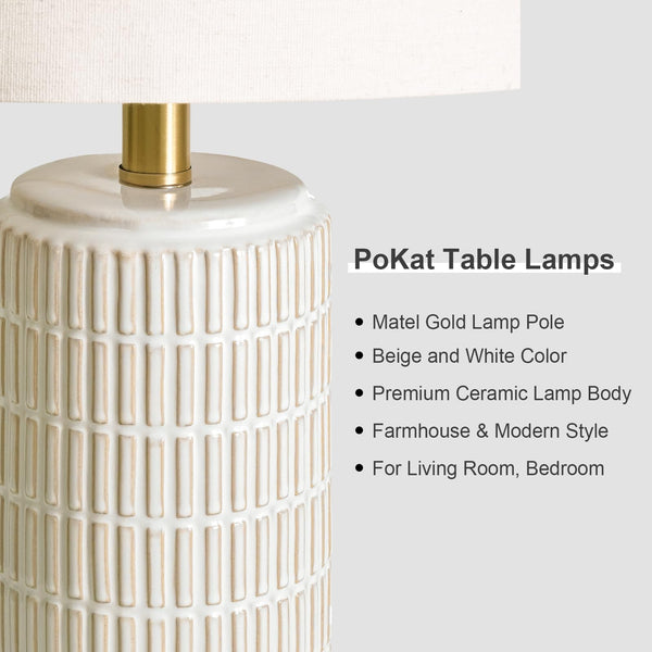 Ceramic Bedside Table Lamps Set of 2 – Modern Nightstand Lamps with Gold Base