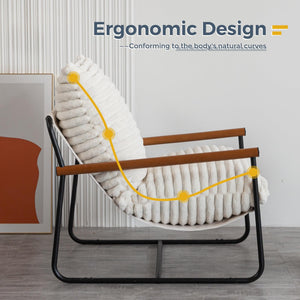 Fluffy Accent Chair with Wooden Arms & Metal Frame