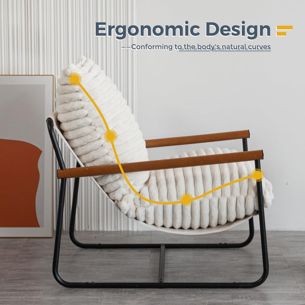 Fluffy Accent Chair with Wooden Arms & Metal Frame
