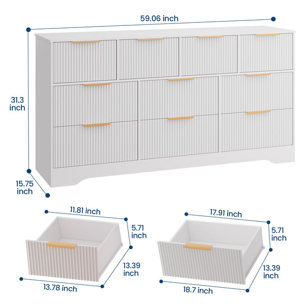 10-Drawer Fluted Dresser with Gold Handles