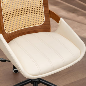 Rattan Back Office Chair with Faux Leather & Caster Wheels