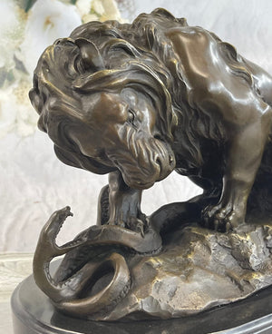 Lion and Snake Bronze Sculpture on Marble Base