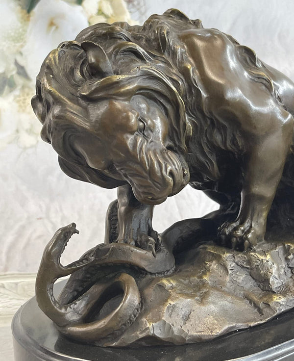 Lion and Snake Bronze Sculpture on Marble Base