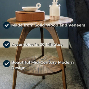 Round Wood End Table with Lower Shelf – Mid-Century Modern, Nutmeg Brown