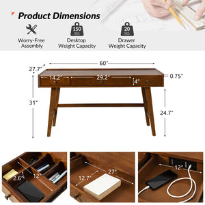Mid-Century Modern Home Office Desk with 3 Drawers & Charging Station