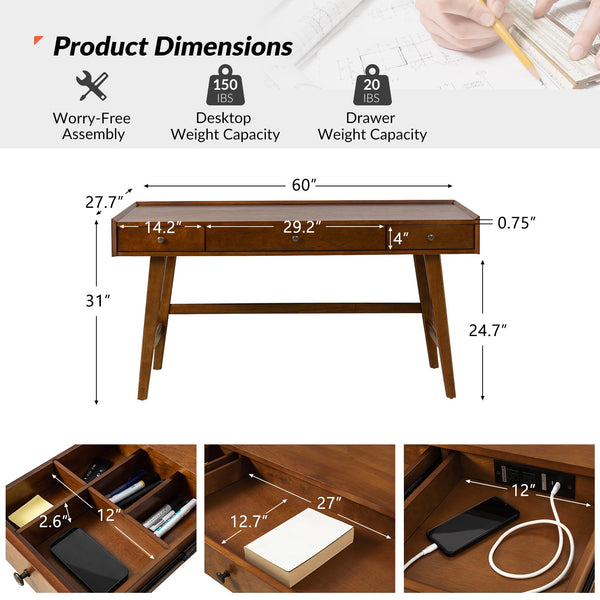 Mid-Century Modern Home Office Desk with 3 Drawers & Charging Station