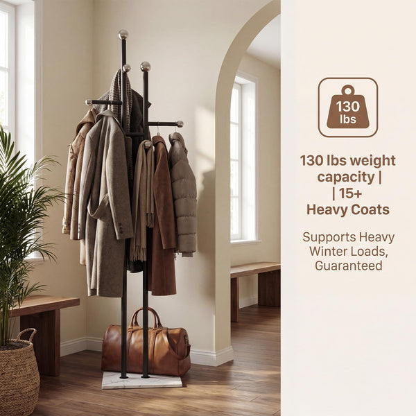Heavy Duty Freestanding Coat Rack with Marble Base & 14 Hooks