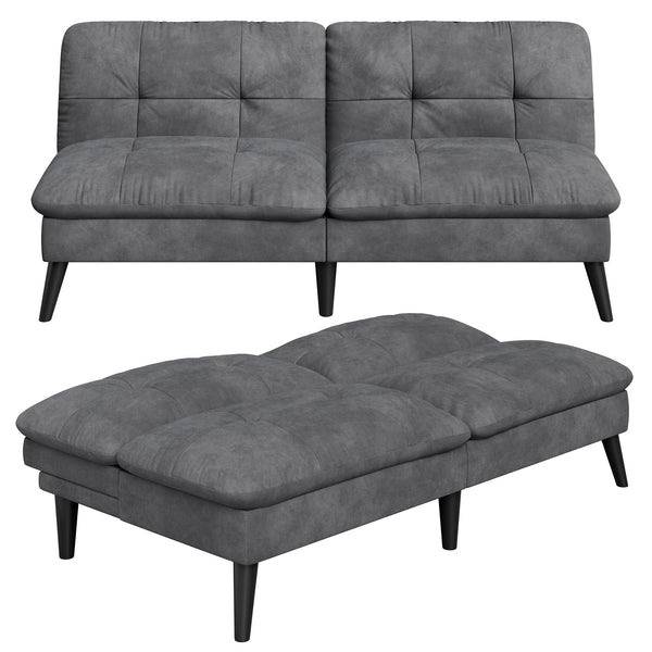 Velvet Futon Sofa Bed – Convertible Loveseat with Adjustable Backrest, Grey