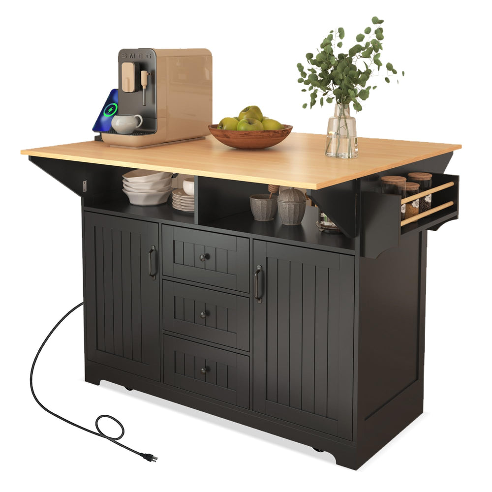 Rolling Kitchen Island with Drop Leaf Countertop & Power Outlets