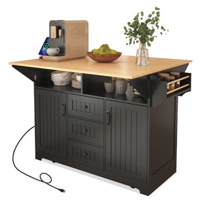 Rolling Kitchen Island with Drop Leaf Countertop & Power Outlets