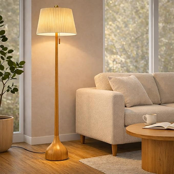 65" Mid-Century Modern Wood Floor Lamp with 2 Shades