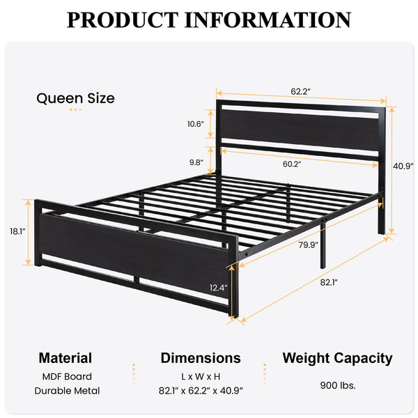 Metal Platform Bed Frame with Headboard & Slat Support