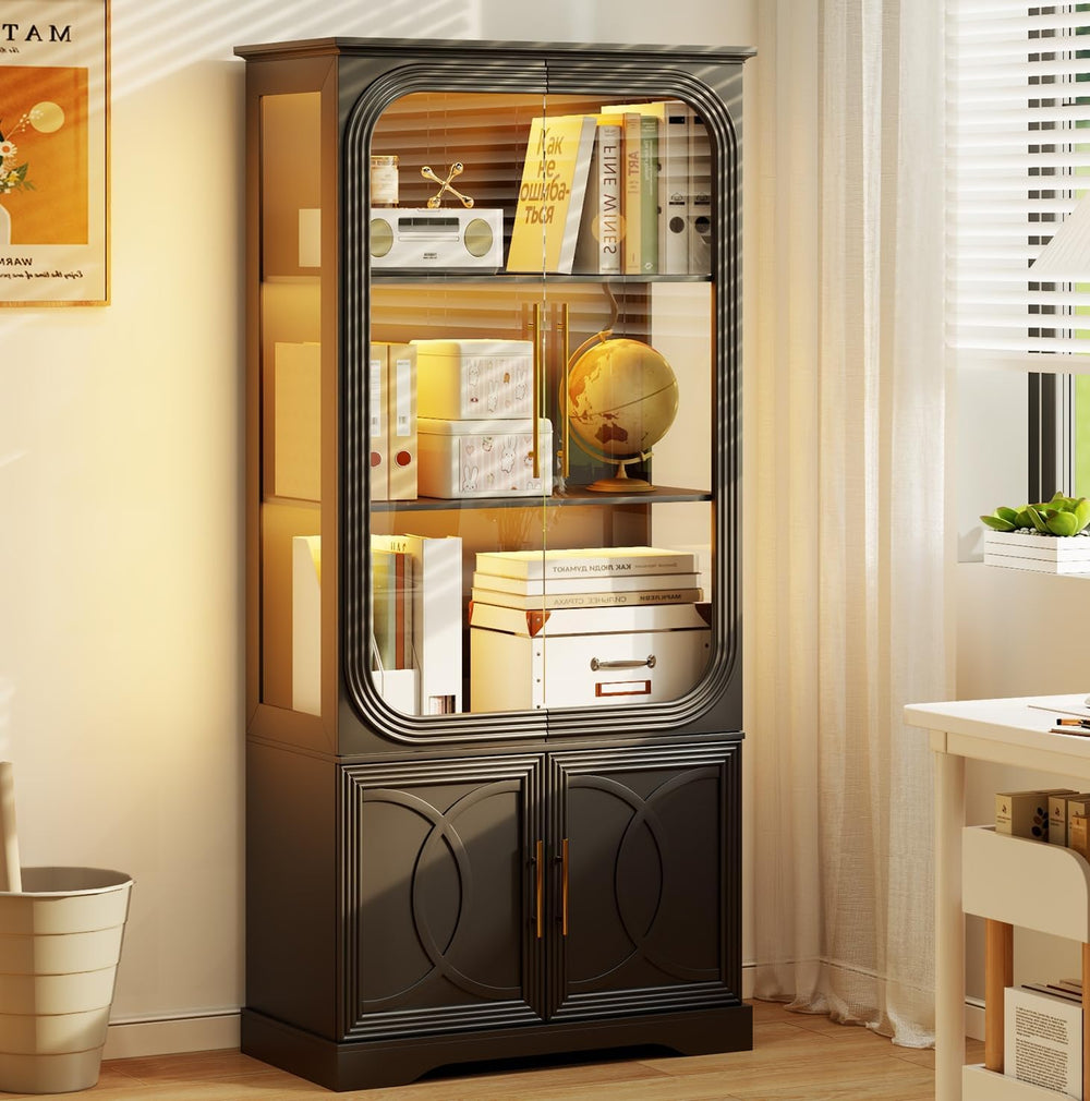 Glass Door Display Cabinet with LED Lights, 5-Tier Bookcase, 69 in Tall