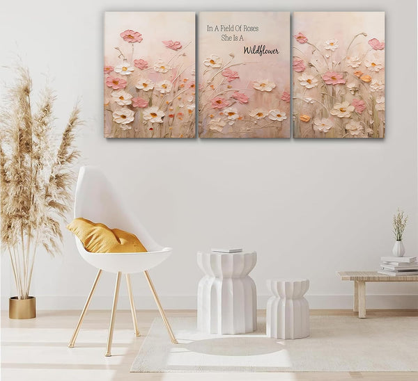 Pink Wildflower Canvas Wall Art Set of 3