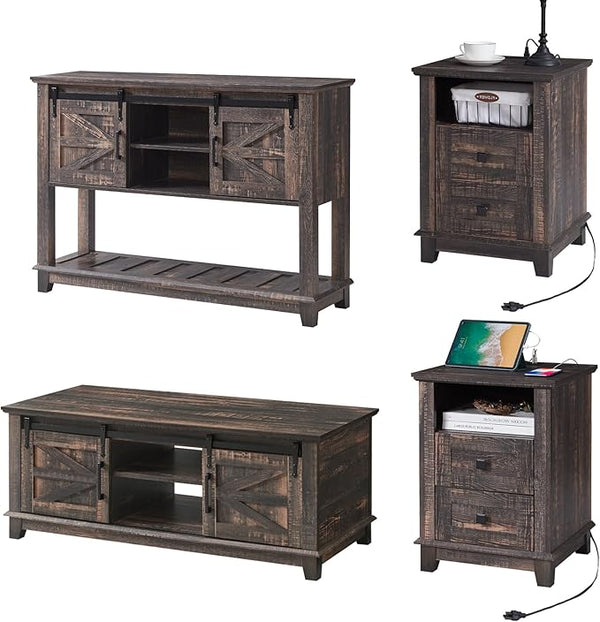 Farmhouse 4-Piece Living Room Furniture Set with Console, End Tables & Coffee Table