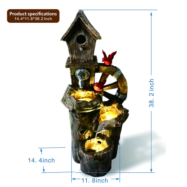 Decorative Garden Birdhouse with Solar LED Lights & Water Wheel