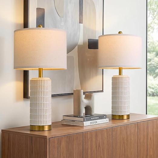 Ceramic Bedside Table Lamps Set of 2 – Modern Nightstand Lamps with Gold Base