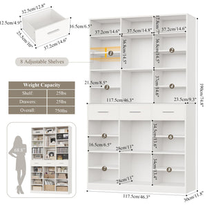 Tall Bookcase with Drawers & Adjustable Shelves – 9-Tier Wide Storage Cabinet