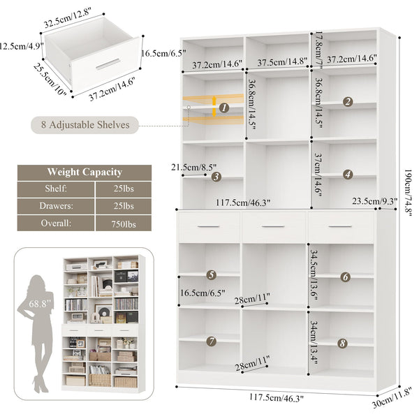 Tall Bookcase with Drawers & Adjustable Shelves – 9-Tier Wide Storage Cabinet