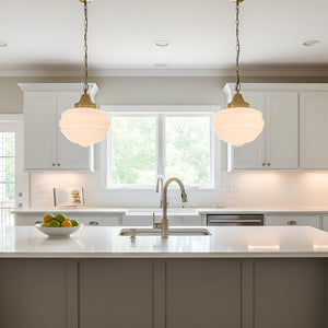 Vintage Milk Glass Pendant Light with Antique Brass Finish – 13.8" Shade, E26