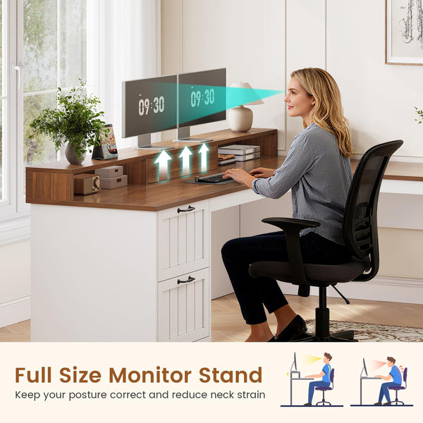 L-Shaped Desk with Drawers, File Cabinet & Monitor Stand – 63"