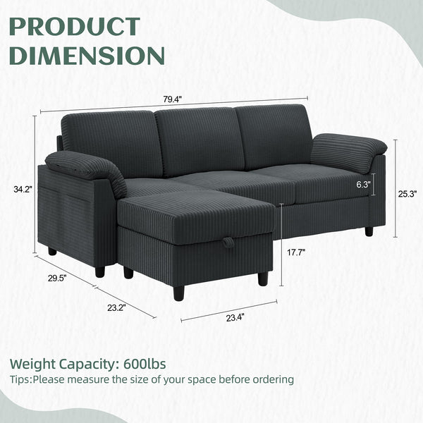 Convertible Sectional Sofa with Ottoman & Removable Pillows