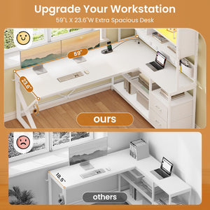 L-Shaped Gaming Desk with Bookshelf, LED Light & Storage Drawers