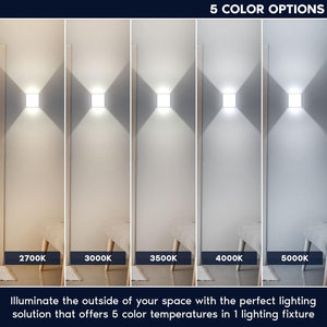 Square LED Up Down Wall Sconces Set of 2 – 5CCT Selectable, IP65 Waterproof, Metal, White