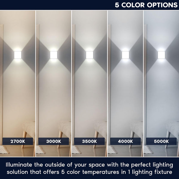 Square LED Up Down Wall Sconces Set of 2 – 5CCT Selectable, IP65 Waterproof, Metal, White