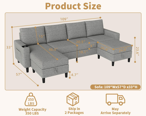 U-Shaped Sectional Sofa with RGB LED Light & USB Charging