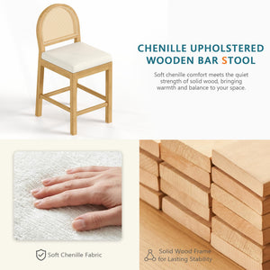 Upholstered Rattan Bar Stools – Solid Wood Counter Height Stools with Chenille Seat