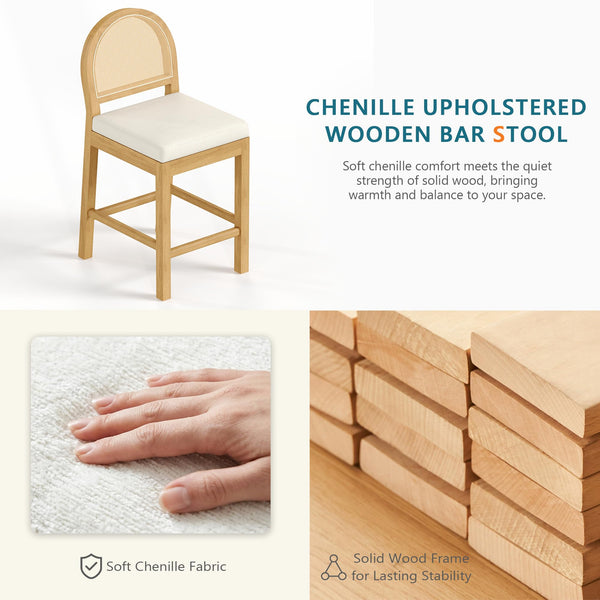 Upholstered Rattan Bar Stools – Solid Wood Counter Height Stools with Chenille Seat