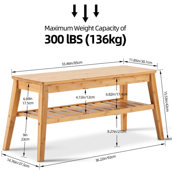 33.46" 2-Tier Bamboo Storage Bench, 300 lb Capacity