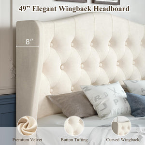 Queen Velvet Wingback Bed Frame with Tufted Headboard