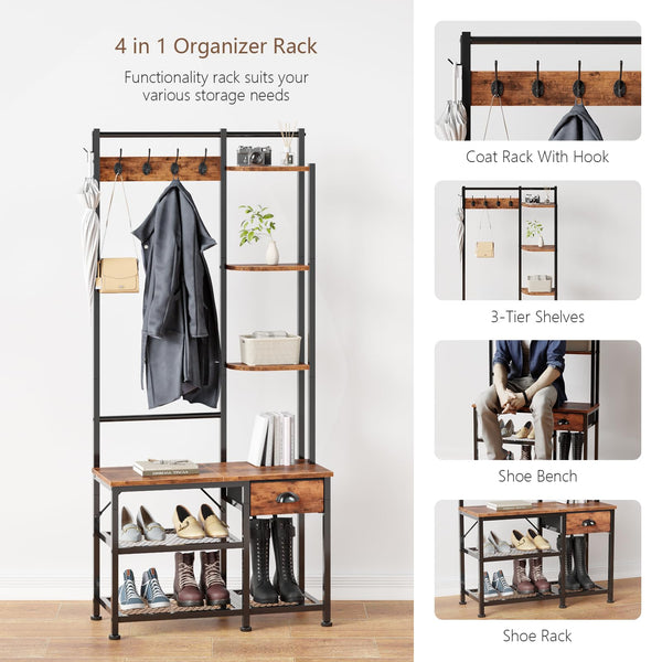 4-in-1 Entryway Hall Tree with Bench, Coat Rack & Shoe Storage