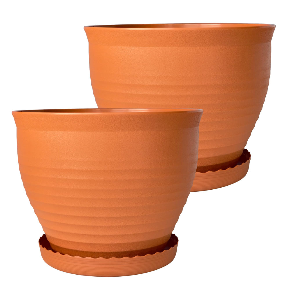 Large Round Plastic Planters with Drainage and Saucers – Set of 2