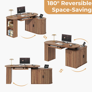 L-Shaped Rotating Computer Desk with Storage Cabinet, Keyboard Tray & Power Outlet – 60 Inch