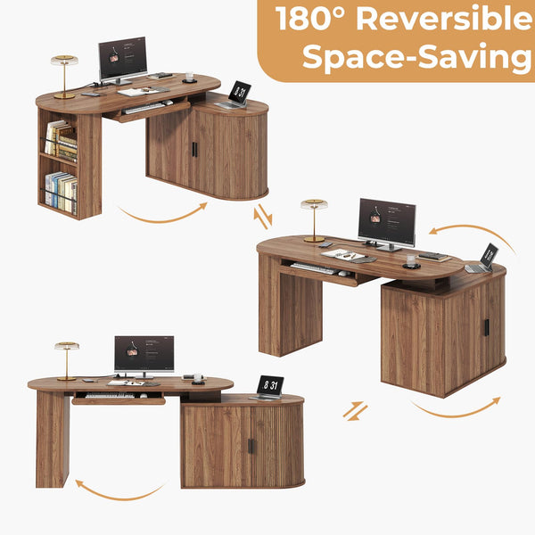 L-Shaped Rotating Computer Desk with Storage Cabinet, Keyboard Tray & Power Outlet – 60 Inch