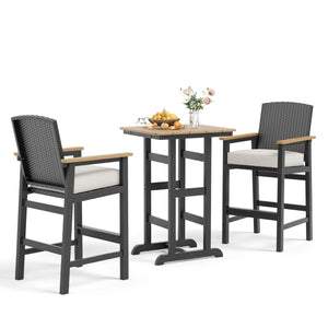 3-Piece Outdoor Bar Set – HDPE High Top Table & Wicker Bar Stools with Cushions