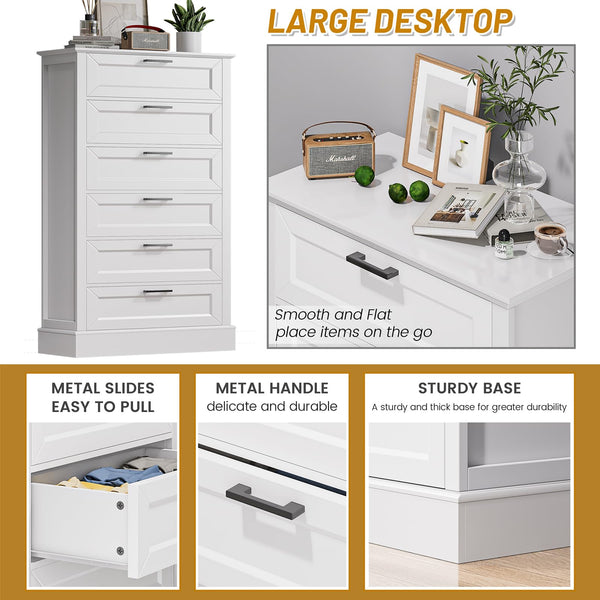 White 6-Drawer Tall Dresser – Modern Farmhouse Chest of Drawers