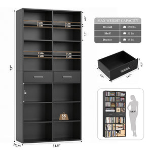 Tall Bookshelf with Drawers – 7-Tier Double Wide Bookcase