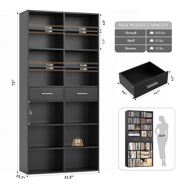Tall Bookshelf with Drawers – 7-Tier Double Wide Bookcase