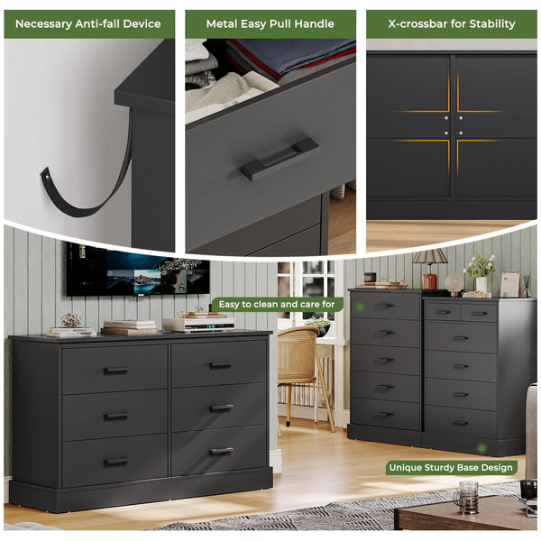 6-Drawer Double Dresser – Wide Wood Storage Chest with Metal Handles