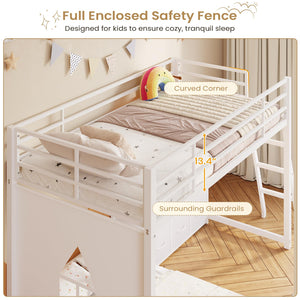 Twin Over Twin L-Shaped Low Bunk Bed with 9 Storage Drawers and LED Lights