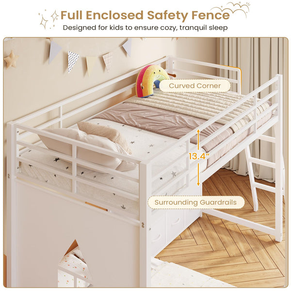 Twin Over Twin L-Shaped Low Bunk Bed with 9 Storage Drawers and LED Lights
