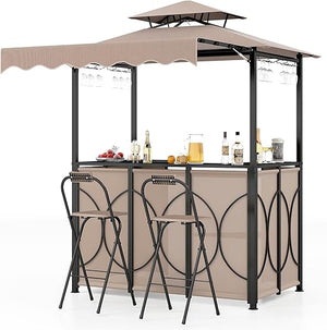Outdoor Grill Gazebo Bar Set with Awning & 2 Foldable Bar Stools